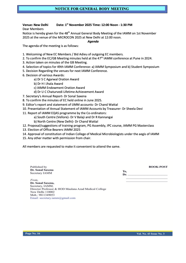 NOTICE FOR GENERAL BODY MEETING 2025